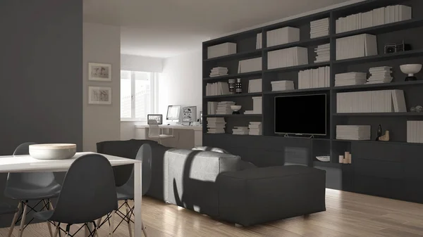Moderna vardagsrum med arbetsplats hörnet, stora bokhyllan och matbord, minimal vit en grå arkitektur inredning — Stockfoto