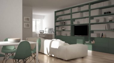 Modern oturma odası işyeri köşe, büyük kitaplık ve yemek masası, en az ile beyaz bir Yeşil mimari iç tasarım