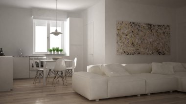 Modern oturma odası ile mutfak bir rahat açık alan daire, beyaz mimari iç tasarım