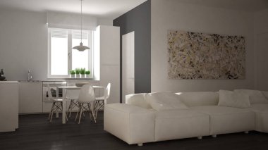 Modern oturma odası ile mutfak bir rahat açık alan daire, beyaz ve gri mimari iç tasarım