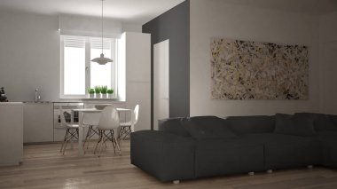 Modern oturma odası ile mutfak bir rahat açık alan daire, beyaz ve gri mimari iç tasarım