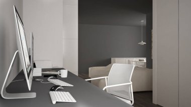 Modern minimalist ev, bilgisayar, anahtar kelimeler ve fare, rahat beyaz ve gri mimari iç tasarım Danışma işyerinde