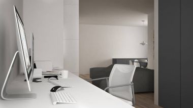 Modern minimalist ev, bilgisayar, anahtar kelimeler ve fare, rahat beyaz ve gri mimari iç tasarım Danışma işyerinde