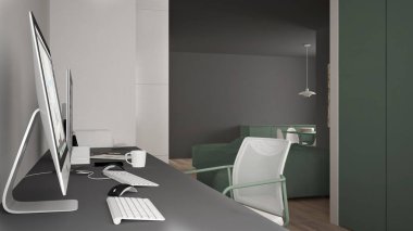 Modern minimalist ev, bilgisayar, anahtar kelimeler ve fare, rahat beyaz ve yeşil mimari iç tasarım Danışma işyerinde