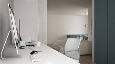 Modern minimalist ev, bilgisayar, anahtar kelimeler ve fare, rahat beyaz ve mavi mimari iç tasarım Danışma işyerinde