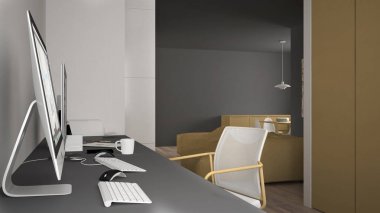 Modern minimalist ev, bilgisayar, anahtar kelimeler ve fare, rahat beyaz ve sarı mimari iç tasarım Danışma işyerinde