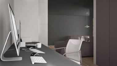 Modern minimalist ev, bilgisayar, anahtar kelimeler ve fare, rahat beyaz ve kırmızı mimari iç tasarım Danışma işyerinde