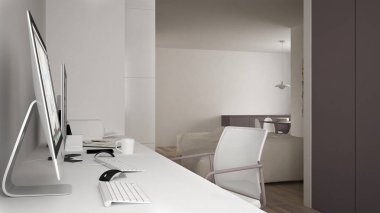 Modern minimalist ev, bilgisayar, anahtar kelimeler ve fare, rahat beyaz ve kırmızı mimari iç tasarım Danışma işyerinde