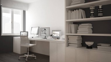 Minimalist ev, Resepsiyon ile bilgisayar, büyük bookshelf, rahat beyaz ve gri mimari iç tasarım modern işyerinde