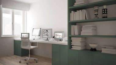 Modern minimalist ev, Resepsiyon bilgisayarlar, büyük bookshelf, rahat beyaz ve yeşil mimar ile işyerinde