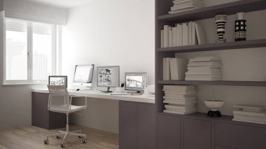Minimalist ev, Resepsiyon ile bilgisayar, büyük bookshelf, rahat beyaz ve kırmızı mimari iç tasarım modern işyerinde