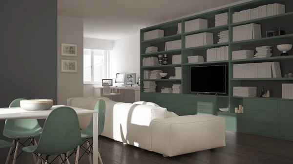 Sala de estar moderna con esquina del lugar de trabajo, estantería grande y mesa de comedor, blanco minimalista y arquitectura verde diseño de interiores — Foto de Stock