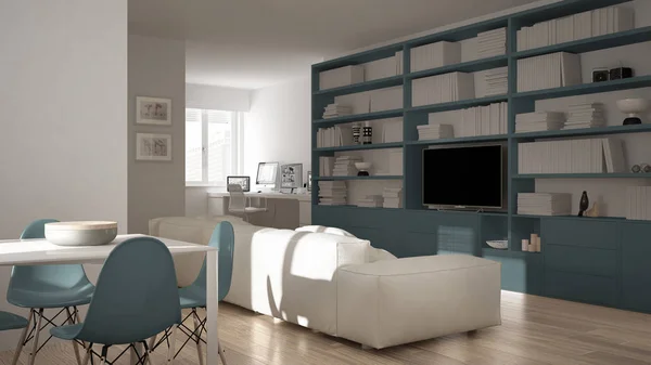 Modernes Wohnzimmer mit Arbeitsecke, großem Bücherregal und Esstisch, minimaler weißer und blauer Innenarchitektur — Stockfoto