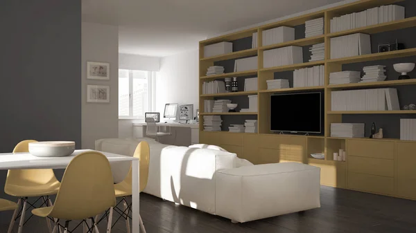 Sala de estar moderna com canto do local de trabalho, grande estante e mesa de jantar, arquitetura branca e amarela mínima design de interiores — Fotografia de Stock