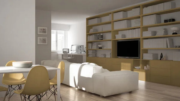 Moderní obývací pokoj s pracovišti roh, velký regál a jídelní stůl, minimální bílé a žluté architektura interiérového designu — Stock fotografie