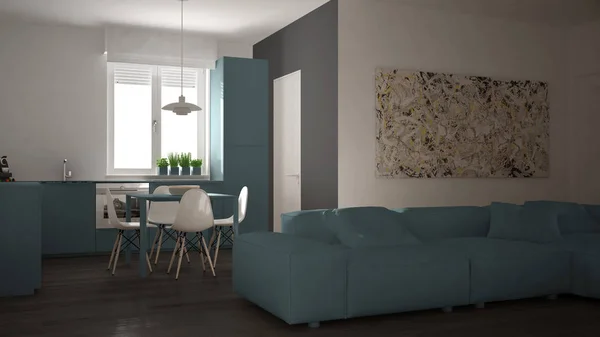 Sala de estar moderna com cozinha em um aconchegante apartamento de espaço aberto, arquitetura branca e azul design de interiores — Fotografia de Stock