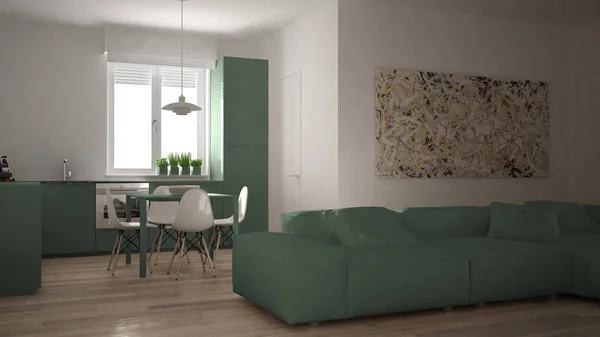 Modern nappali konyhával, egy hangulatos, nyitott tér apartman, fehér és zöld építészet lakberendezés — Stock Fotó