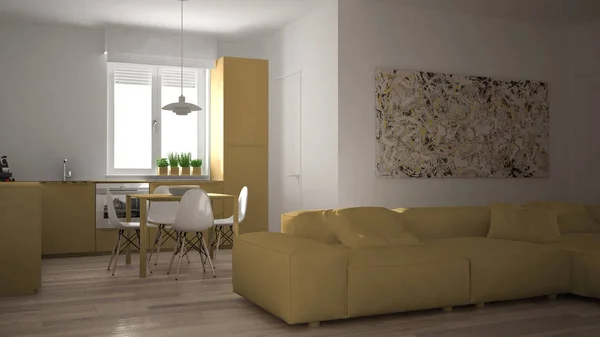 Sala de estar moderna com cozinha em um aconchegante apartamento de espaço aberto, arquitetura branca e amarela design de interiores — Fotografia de Stock