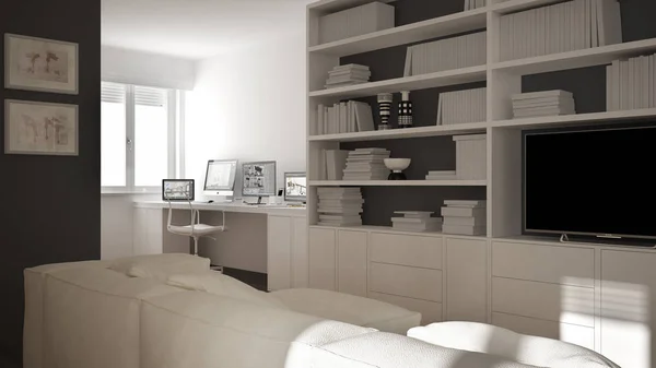 Sala de estar moderna con esquina del lugar de trabajo, gran estante y ventana, diseño de interiores de arquitectura blanca minimalista — Foto de Stock
