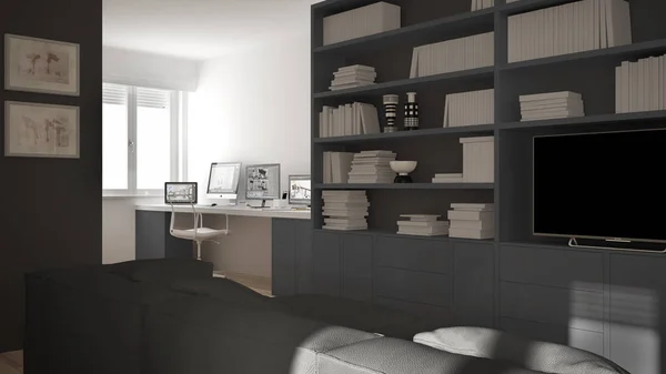 Sala de estar moderna com canto do local de trabalho, grande estante e janela, arquitetura branca e cinza mínima design de interiores — Fotografia de Stock