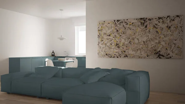 Moderno salón con cocina en un acogedor apartamento de espacio abierto, diseño interior de arquitectura blanca y azul —  Fotos de Stock