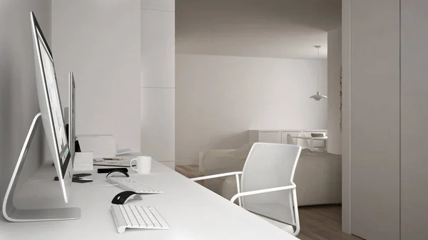 Moderno lugar de trabajo en casa minimalista, escritorio con computadoras, palabras clave y ratón, acogedor diseño de interiores de arquitectura blanca — Foto de Stock