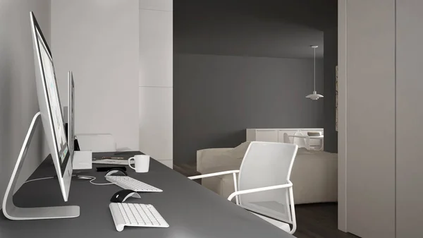 Modern workplace in minimalist house, desk with computers, keywords and mouse, cozy white and gray architecture interior design