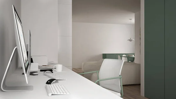 Modern workplace in minimalist house, desk with computers, keywords and mouse, cozy white and green architecture interior design