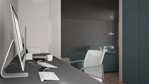 Modern workplace in minimalist house, desk with computers, keywords and mouse, cozy white and blue architecture interior design