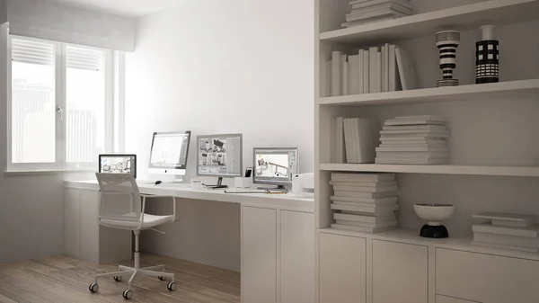 Posto di lavoro moderno in casa minimalista, scrivania con computer, grande libreria, accogliente architettura bianca interior design — Foto Stock