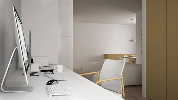 Modern workplace in minimalist house, desk with computers, keywords and mouse, cozy white and yellow architecture interior design