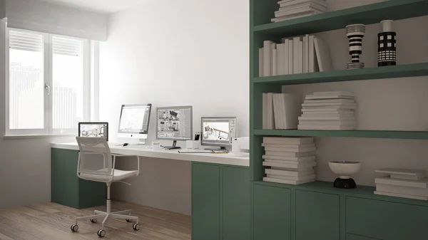 Posto di lavoro moderno in casa minimalista, scrivania con computer, grande libreria, accogliente architetto bianco e verde — Foto Stock