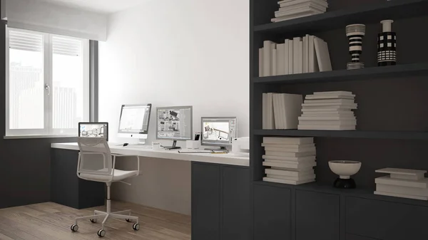 Modern workplace in minimalist house, desk with computers, big bookshelf, cozy white and gray architecture interior design