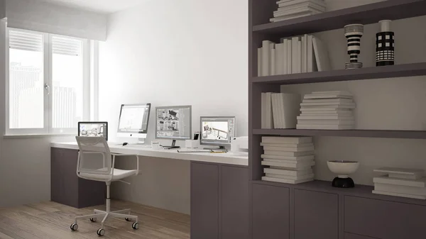 Moderna arbetsplatser i minimalistiska house, skrivbord med datorer, stor bokhylla, mysiga vita och röda arkitektur inredning — Stockfoto