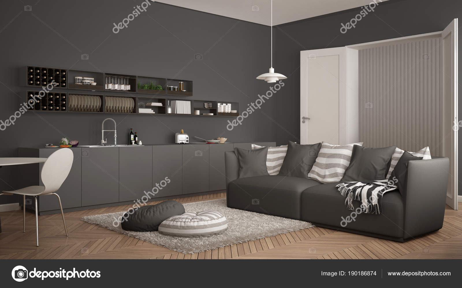 Skandinavisch Modernes Wohnzimmer Mit Kuche Esstisch Sofa Und Teppich Mit Kissen Minimalistische Innenarchitektur In Weiss Und Grau Stockfoto C Archiviz 190186874