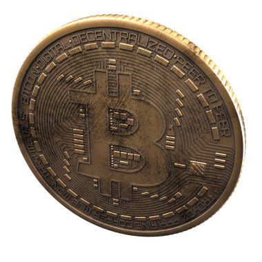 Bitcoin. Cripto bit sikke. Dijital para. Cryptocurrency. Fiziksel altın madeni para ile beyaz arka plan üzerinde izole bitcoin sembolü