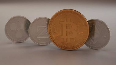 Yığın beyaz zemin üzerine cryptocurrencies Platin fiziksel sikke, dalgalanma, Zcoin, Etherium ve altın Bitcoin. Araştırma cryptocurrency kavramı