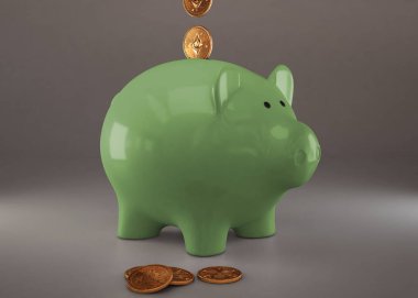Cryptocurrencies, altın fiziksel paralar, dalgalanma, Zcoin, Bitcoin ve Etherium ile yeşil piggy banka. Araştırma cryptocurrency kavramı