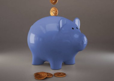 Cryptocurrencies, altın fiziksel paralar, dalgalanma, Zcoin, Bitcoin ve Etherium ile mavi piggy banka. Araştırma cryptocurrency kavramı