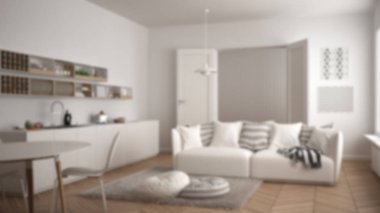 Arka plan dekorasyon, İskandinav modern oturma odası ile mutfak, yemek masası, koltuk ve halı yastıklar, minimalist beyaz mimarisi ile bulanıklık