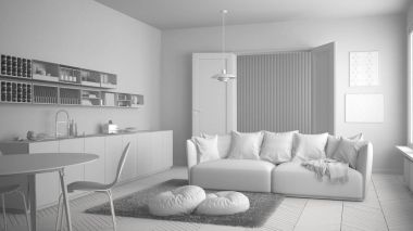 İskandinav modern oturma odası ile mutfak, yemek masası, koltuk ve halı yastıklar, minimalist beyaz mimari iç tasarım ile toplam beyaz proje