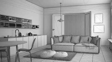 İskandinav modern oturma odası ile mutfak, yemek masası, koltuk ve halı yastıklar, minimalist beyaz mimari iç tasarım ile tamamlanmamış proje