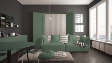 İskandinav modern oturma odası ile mutfak, yemek masası, koltuk ve halı yastıklar, minimalist beyaz ve yeşil mimari iç tasarım ile