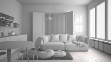 İskandinav modern oturma odası ile mutfak, yemek masası, koltuk ve halı yastıklar, minimalist beyaz mimari iç tasarım ile toplam beyaz proje