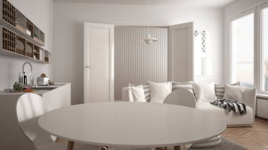 İskandinav modern oturma odası ile mutfak, yemek masası, koltuk ve halı yastıklar, minimalist beyaz mimari iç tasarım ile