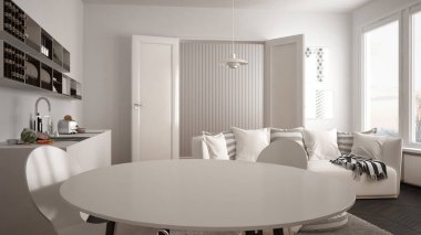 İskandinav modern oturma odası ile mutfak, yemek masası, koltuk ve halı yastıklar, minimalist beyaz ve gri mimari iç tasarım ile