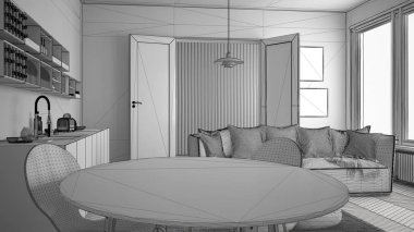 İskandinav modern oturma odası ile mutfak, yemek masası, koltuk ve halı yastıklar, minimalist beyaz mimari iç tasarım ile tamamlanmamış proje
