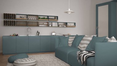 İskandinav modern oturma odası ile mutfak, kanepe ve halı yastıklar, minimalist beyaz ve mavi mimari iç tasarım ile