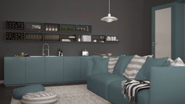 İskandinav modern oturma odası ile mutfak, kanepe ve halı yastıklar, minimalist beyaz ve mavi mimari iç tasarım ile