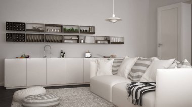 İskandinav modern oturma odası ile mutfak, kanepe ve halı yastıklar, minimalist beyaz ve gri mimari iç tasarım ile